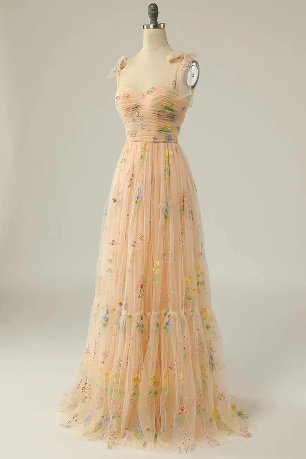 Wholesale Champagne Tulle Lace Floor Length Prom Dress A-Line Spaghetti Straps Evening Dress