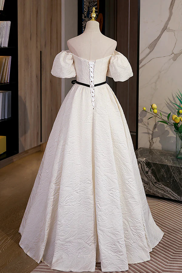 Wholesale Simple A-Line Jacquard Fabric Long Prom Dress Off the Shoulder Evening Dress