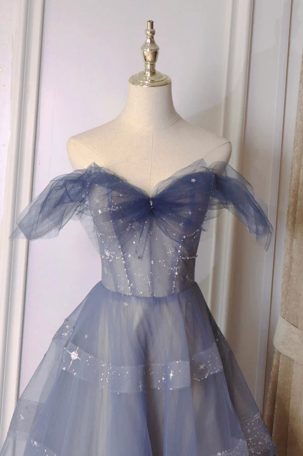 Wholesale Blue Tulle Long A-Line Prom Dress