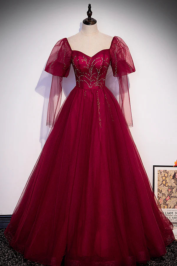 Wholesale Burgundy Tulle Beaded Long Sleeve Prom Dress A-Line Evening Graduation Dress