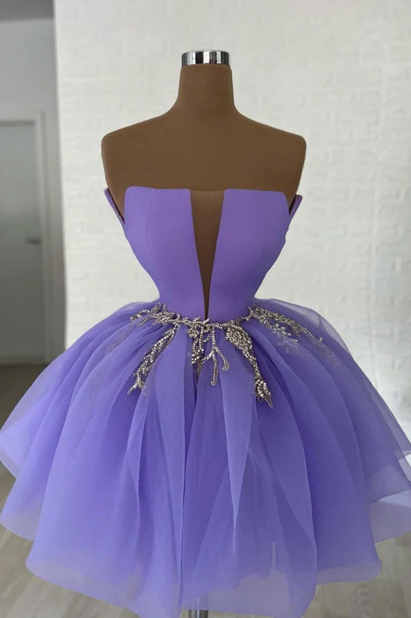 Wholesale Purple Tulle Sequins Short A-Line Prom Dress Cute Homecoming Party Dress