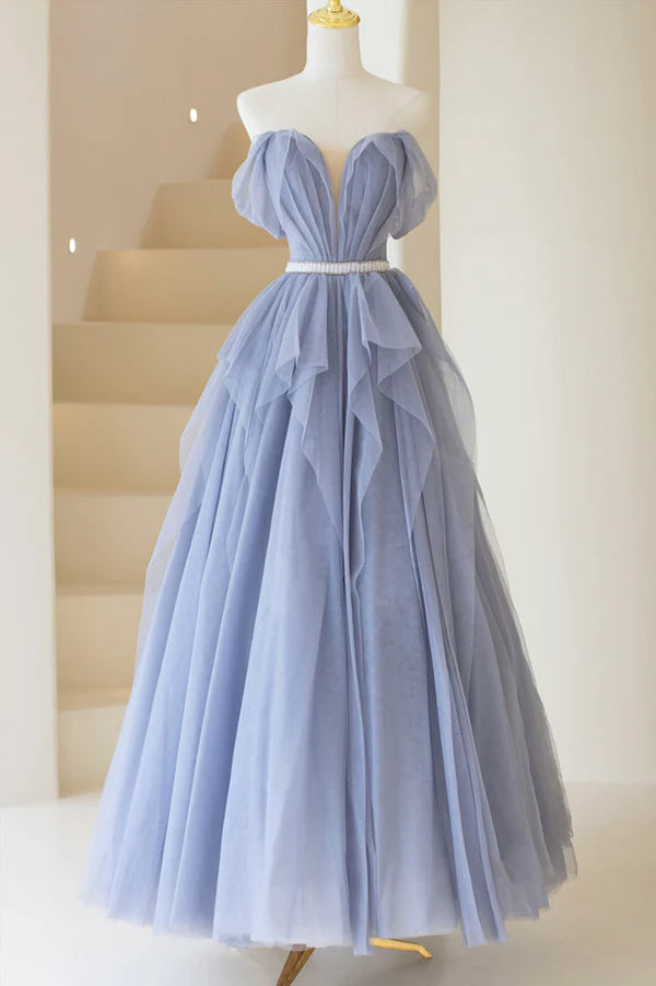 Wholesale Blue Tulle Long A-Line Prom Dress Cute Strapless Graduation Dress