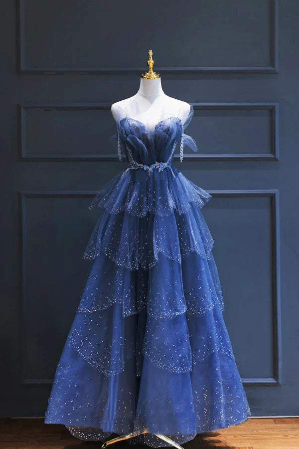 Wholesale Blue Tulle Beaded Long Senior Prom Dress A-Line Strapless Evening Party Dress