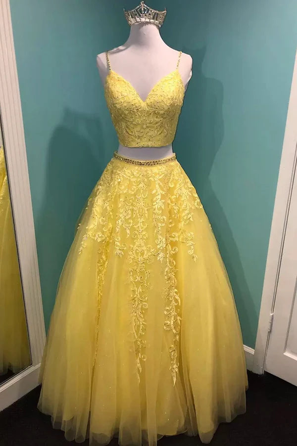 Wholesale Yellow V-Neck Lace Long Prom Dress Two Pieces Evening Graduation Dress