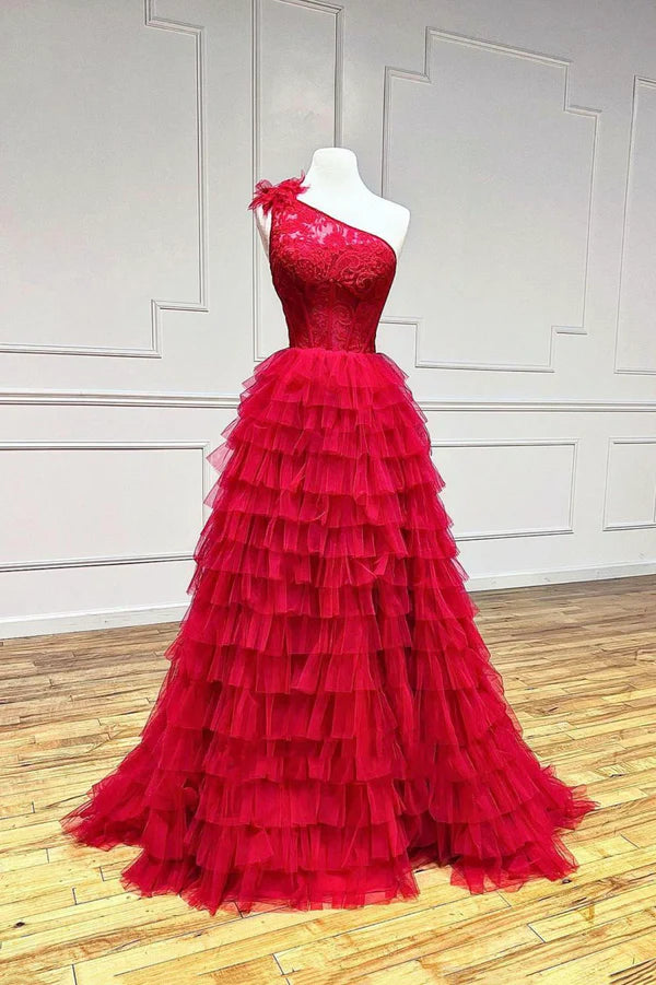 Wholesale Red One Shoulder Tulle Layers Long Prom Dress with Lace A-Line Evening Party Dress