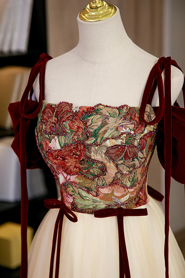 Wholesale Elegant Tulle Embroidery Long Evening Dress Cute Off the Shoulder Party Dress