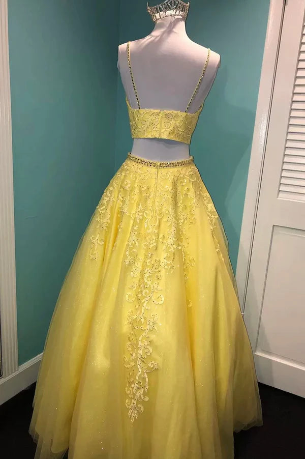 Wholesale Yellow V-Neck Lace Long Prom Dress Two Pieces Evening Graduation Dress