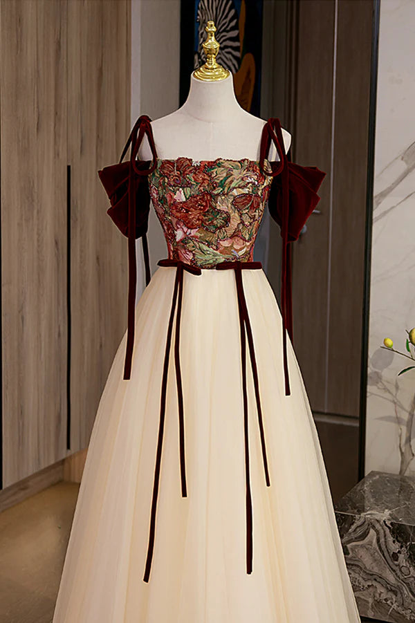 Wholesale Elegant Tulle Embroidery Long Evening Dress Cute Off the Shoulder Party Dress