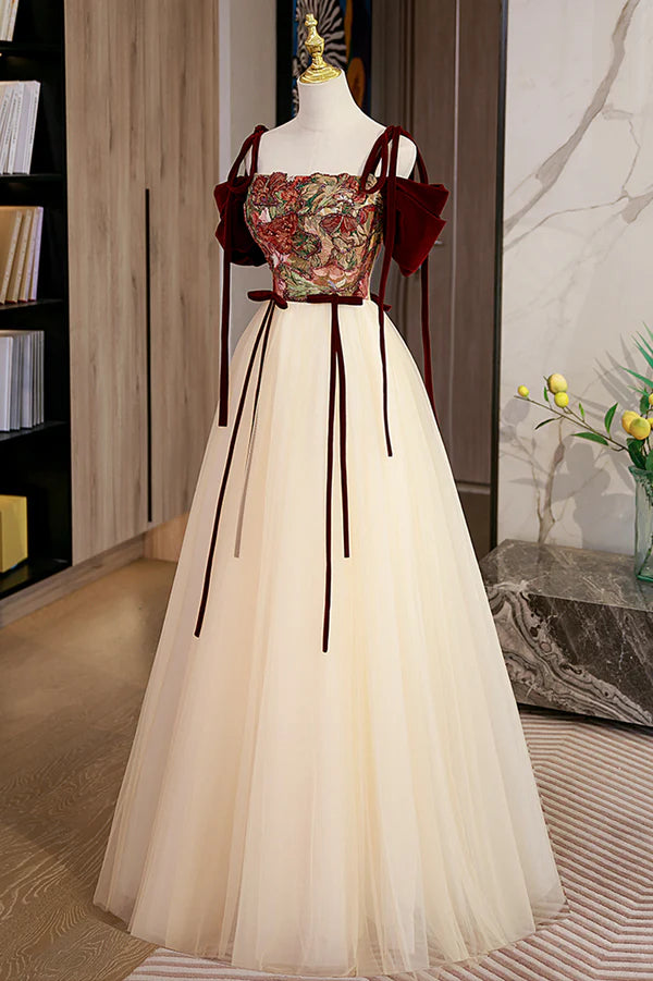 Wholesale Elegant Tulle Embroidery Long Evening Dress Cute Off the Shoulder Party Dress