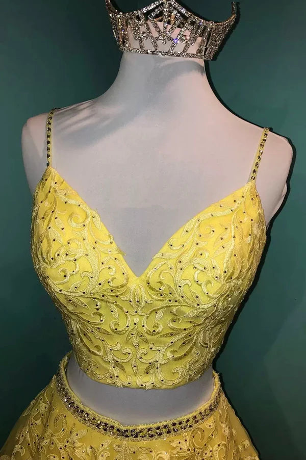 Wholesale Yellow V-Neck Lace Long Prom Dress Two Pieces Evening Graduation Dress