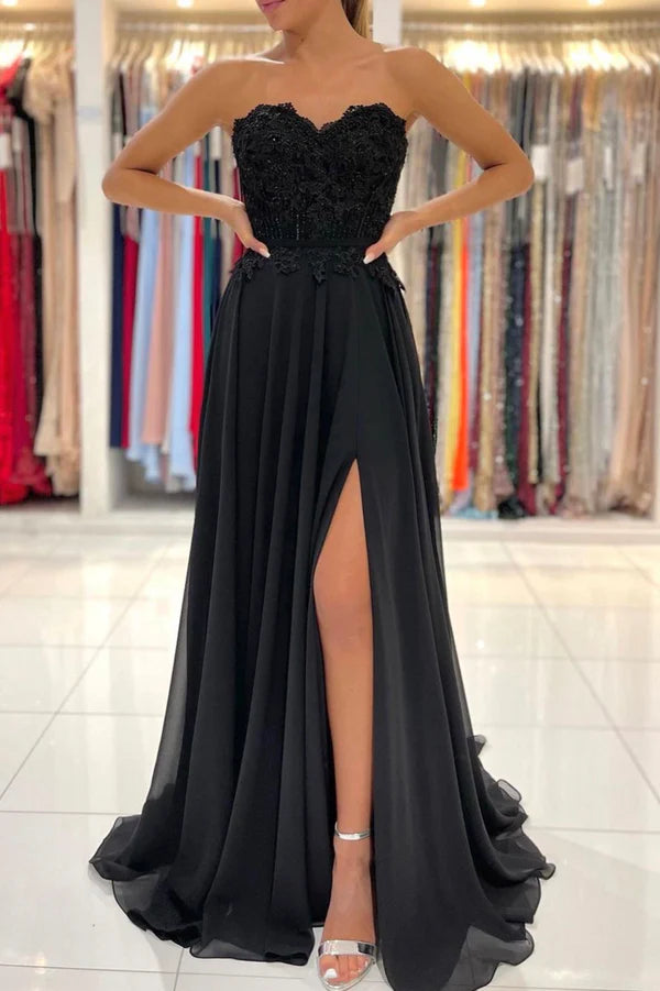 Wholesale Black Chiffon Lace Long Prom Dress A-Line Strapless Evening Party Dress