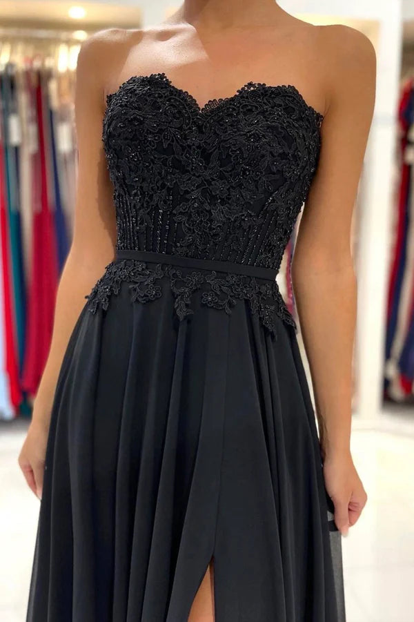 Wholesale Black Chiffon Lace Long Prom Dress A-Line Strapless Evening Party Dress