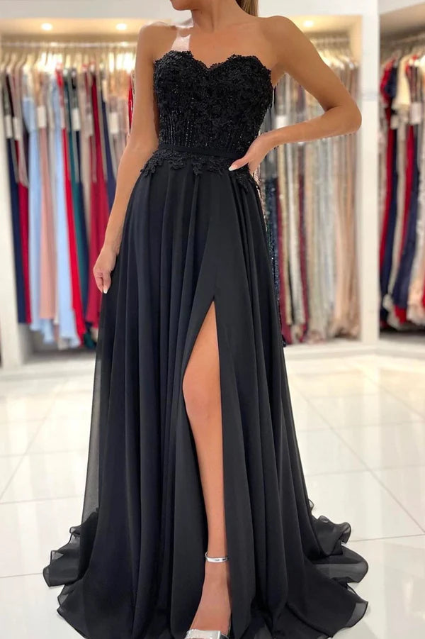 Wholesale Black Chiffon Lace Long Prom Dress A-Line Strapless Evening Party Dress
