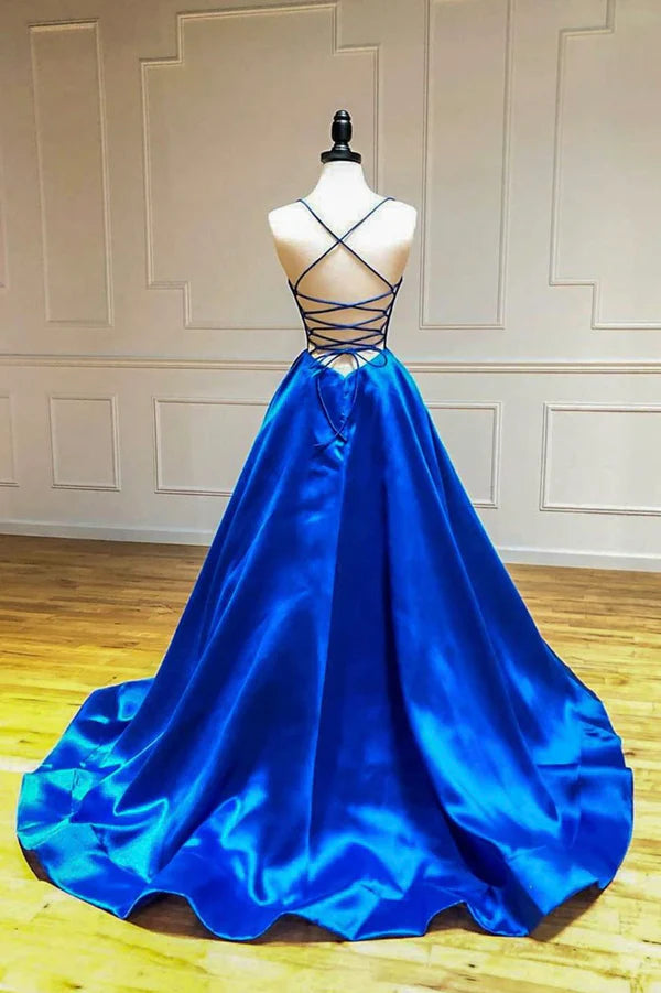 Wholesale Blue V-Neck Satin Long Evening Dress A-Line Backless Prom Dress