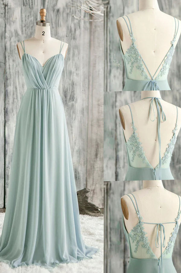 Wholesale A-Line Chiffon Lace Long Prom Dress Green Spaghetti Strap Backless Evening Dress