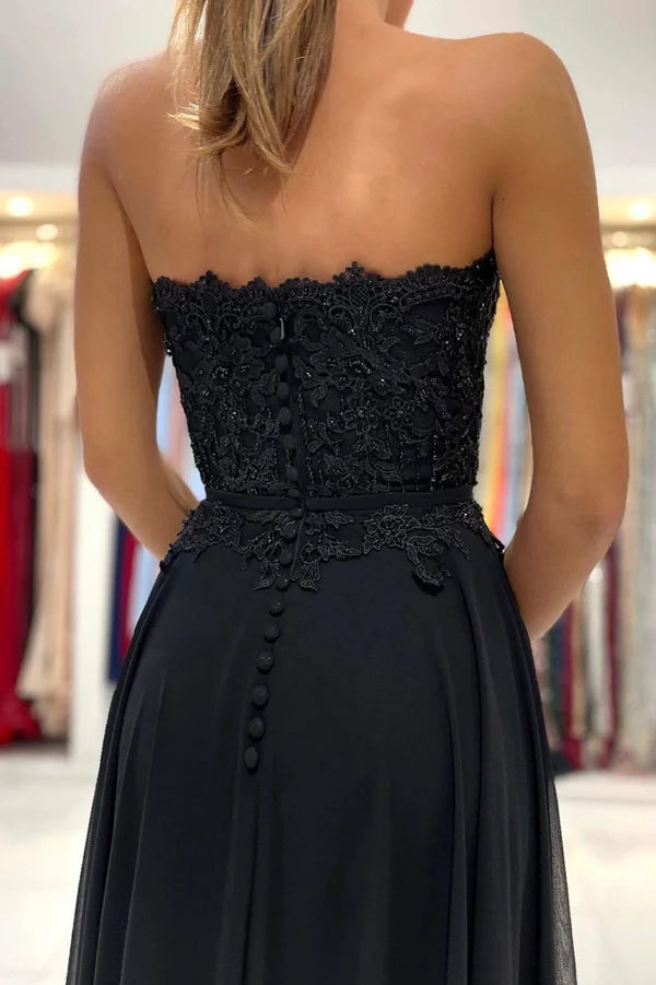 Wholesale Black Chiffon Lace Long Prom Dress A-Line Strapless Evening Party Dress