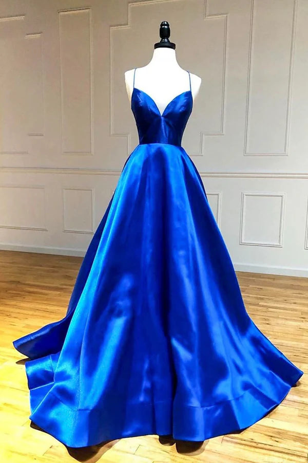 Wholesale Blue V-Neck Satin Long Evening Dress A-Line Backless Prom Dress