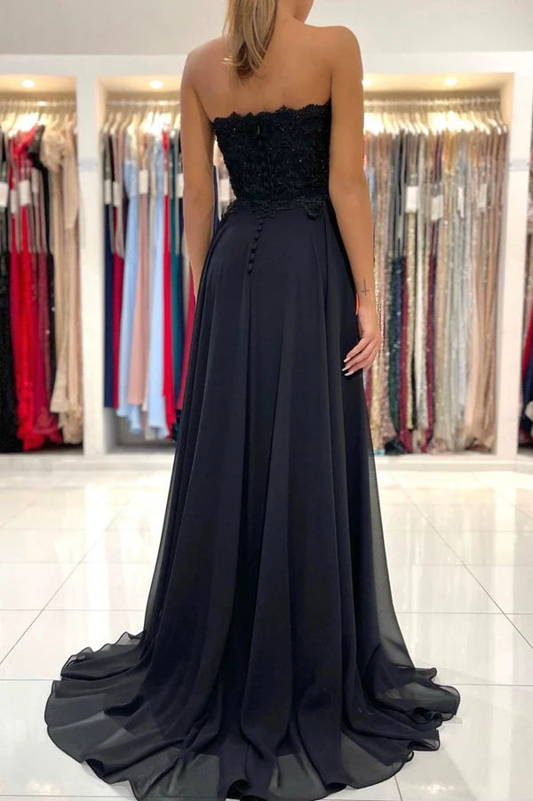 Wholesale Black Chiffon Lace Long Prom Dress A-Line Strapless Evening Party Dress