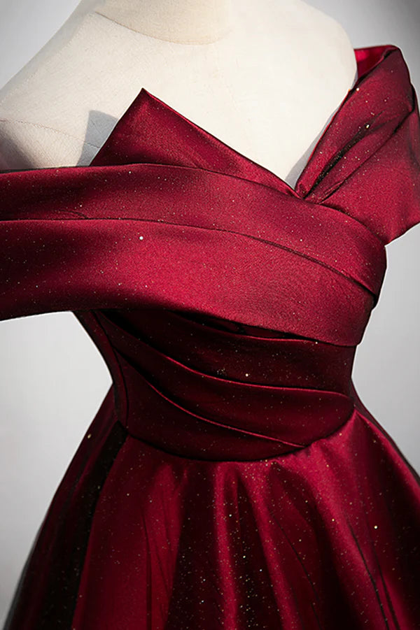 Wholesale Burgundy Satin Off the Shoulder Prom Dress A-Line Evening Graduation Dress