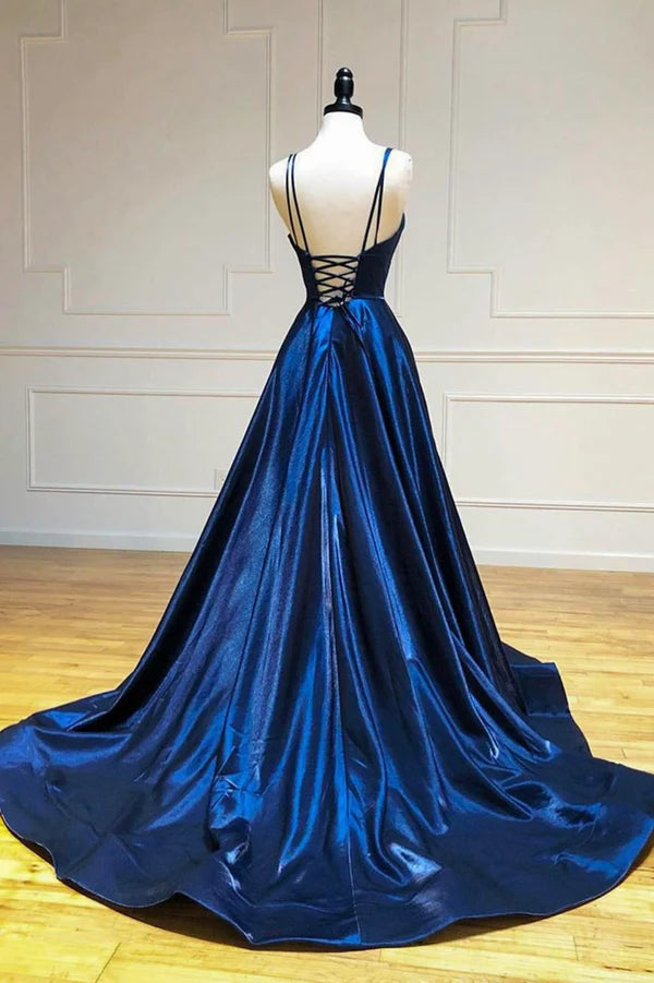Wholesale Simple Satin Long A-Line Prom Dress Blue Spaghetti Strap Evening Party Dress