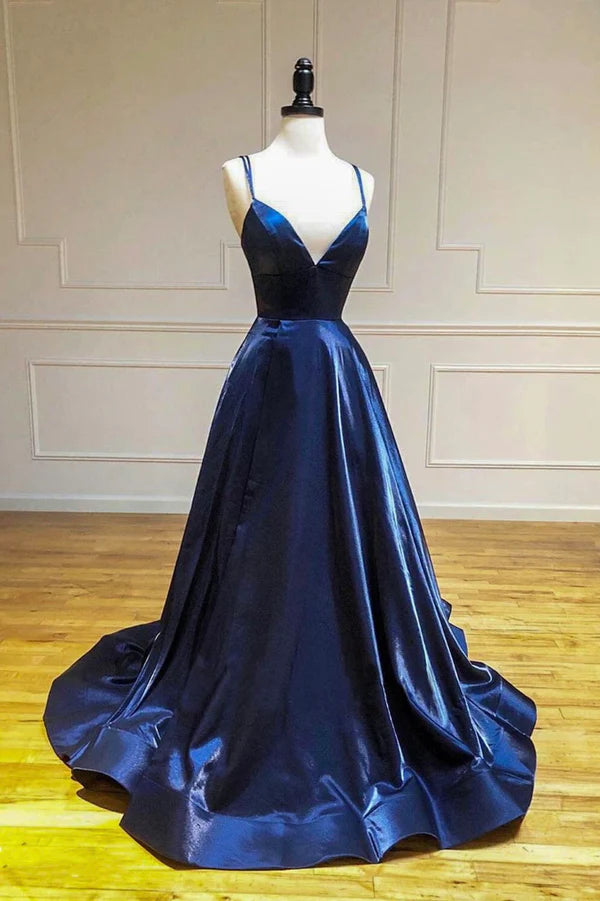 Wholesale Simple Satin Long A-Line Prom Dress Blue Spaghetti Strap Evening Party Dress