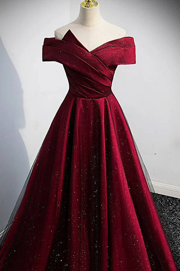 Wholesale Burgundy Satin Off the Shoulder Prom Dress A-Line Evening Graduation Dress