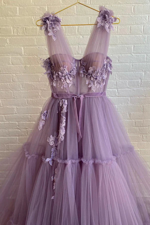 Wholesale Purple Lace Long Prom Dress A-Line Purple Evening Graduation Dress