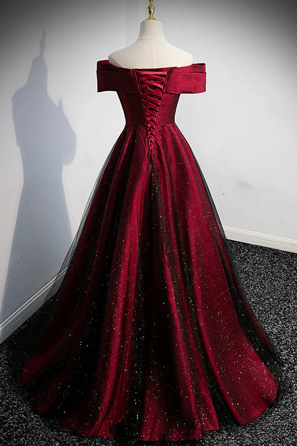 Wholesale Burgundy Satin Off the Shoulder Prom Dress A-Line Evening Graduation Dress