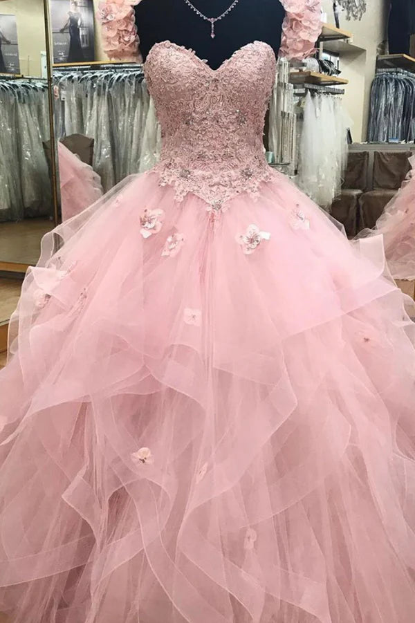 Wholesale Pink Tulle Lace Long Ball Gown A-Line Strapless Evening Dress Sweet 16 Dress