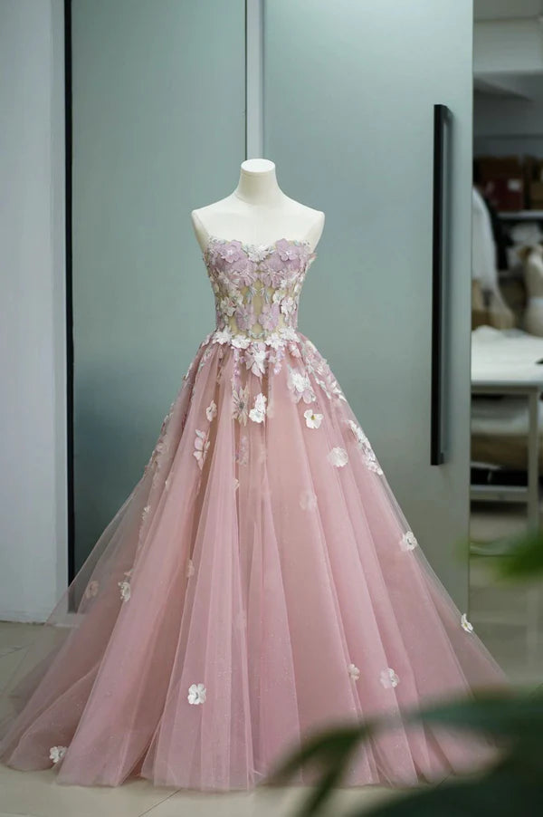 Wholesale Pink Tulle Lace Long Prom Dress Strapless A-Line Evening Graduation Dress