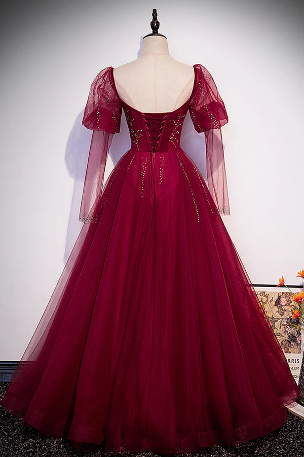 Wholesale Burgundy Tulle Beaded Long Sleeve Prom Dress A-Line Evening Graduation Dress