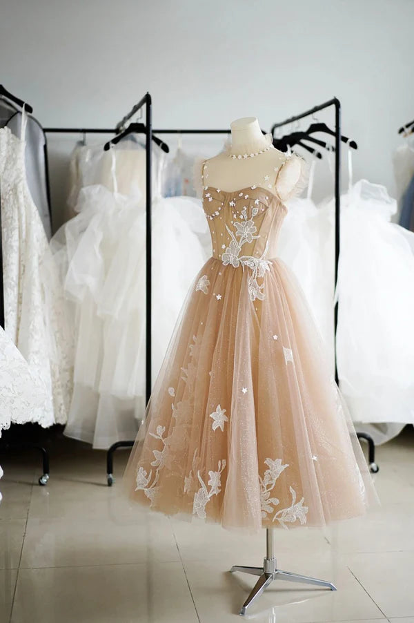 Wholesale Champagne Lace Short A-Line Prom Dress Cute Homecoming Party Dress