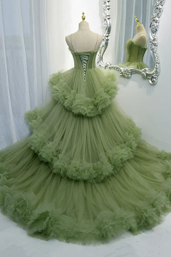Wholesale Green Spaghetti Straps Tulle Layers Long Formal Dress Green Evening Party Dress
