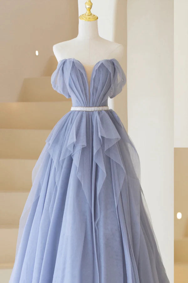Wholesale Blue Tulle Long A-Line Prom Dress Cute Strapless Graduation Dress
