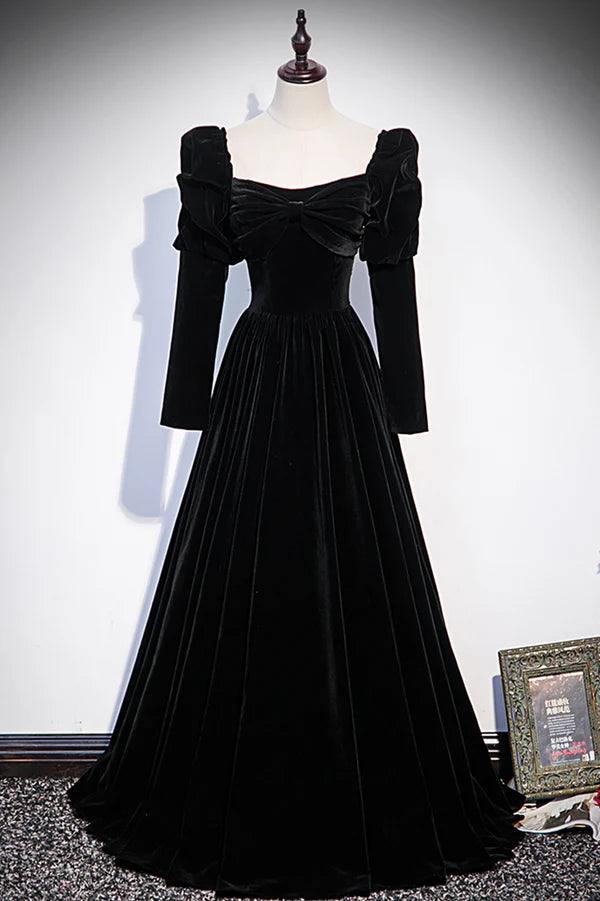 Wholesale Black Velvet Long Sleeve Prom Dress A-Line Evening Party Dress