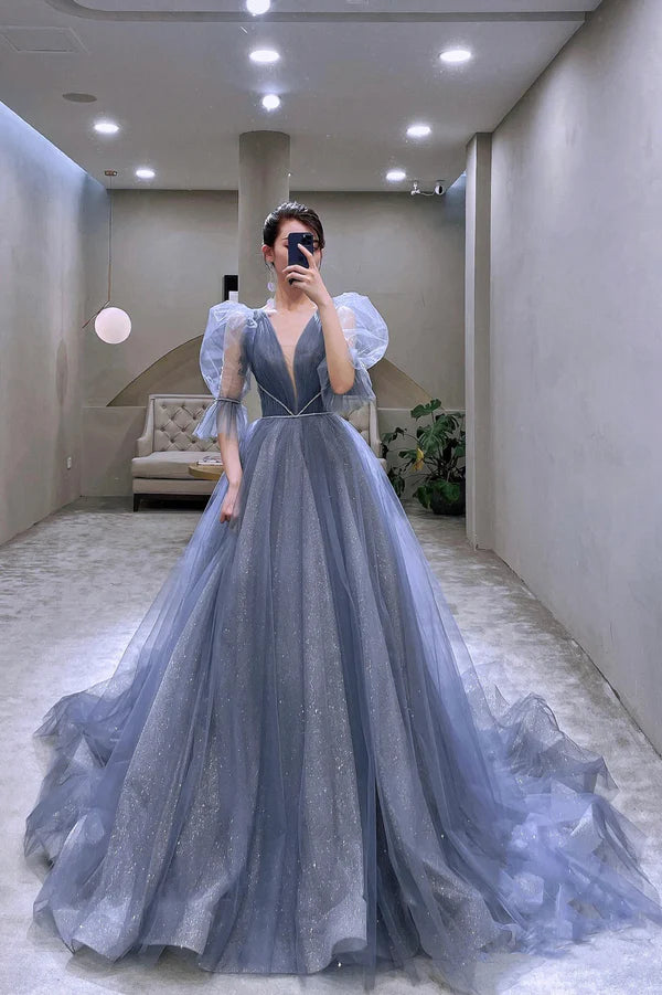 Wholesale Blue Tulle Long A-Line Prom Dress Cute Puff Sleeve Formal Evening Dress