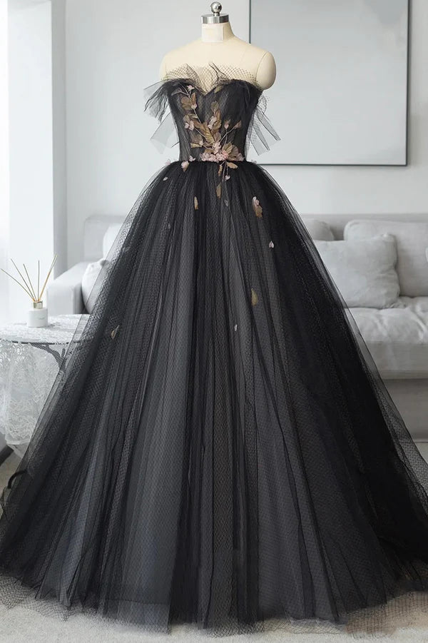 Wholesale Black Tulle Long Prom Dress Black A-Line Strapless Evening Dress