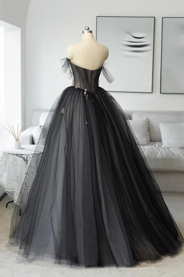 Wholesale Black Tulle Long Prom Dress Black A-Line Strapless Evening Dress