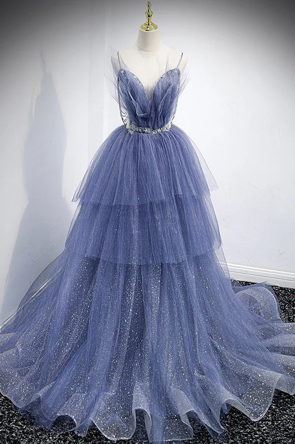 Wholesale Blue Tulle Layers Long Prom Dress A-Line Spaghetti Strap Party Dress