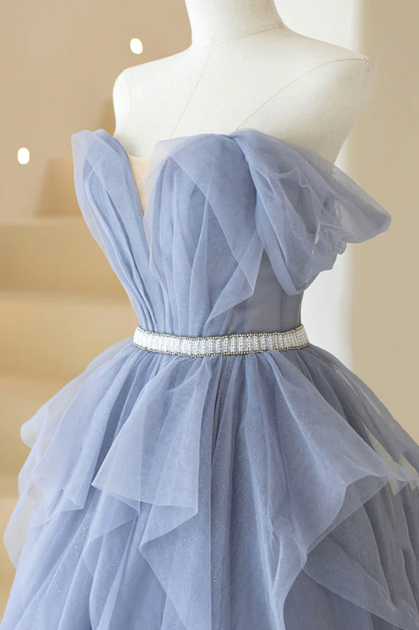 Wholesale Blue Tulle Long A-Line Prom Dress Cute Strapless Graduation Dress