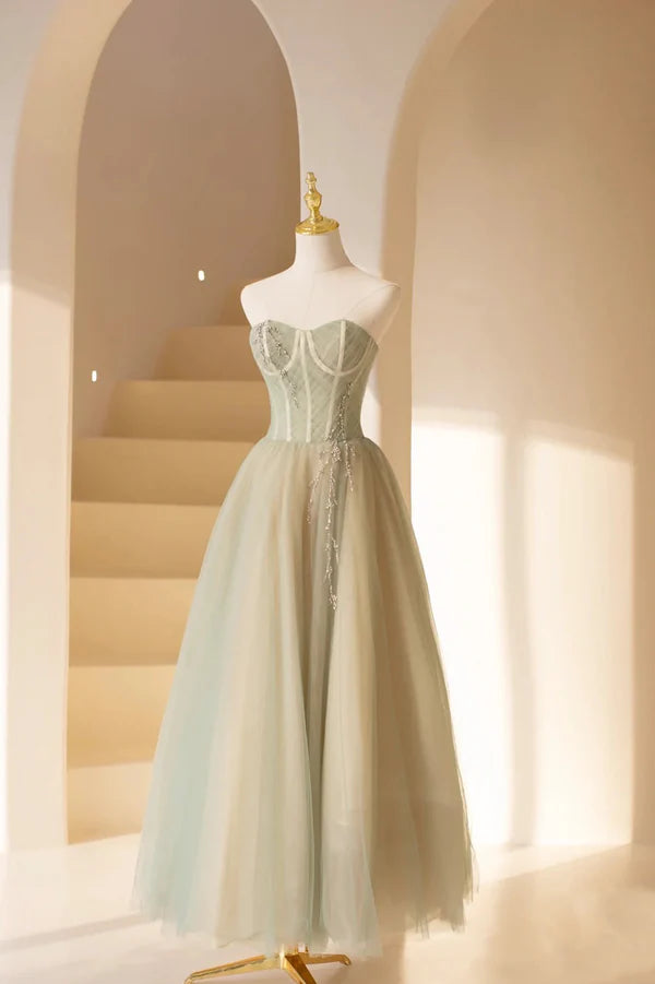 Wholesale Cute Tulle Tea Length Prom Dress Green A-Line Strapless Evening Party Dress