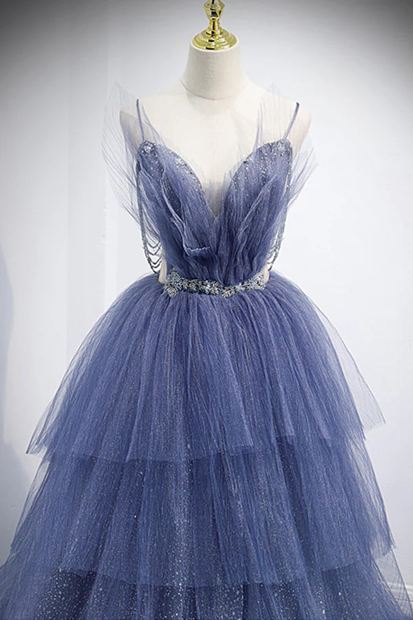 Wholesale Blue Tulle Layers Long Prom Dress A-Line Spaghetti Strap Party Dress