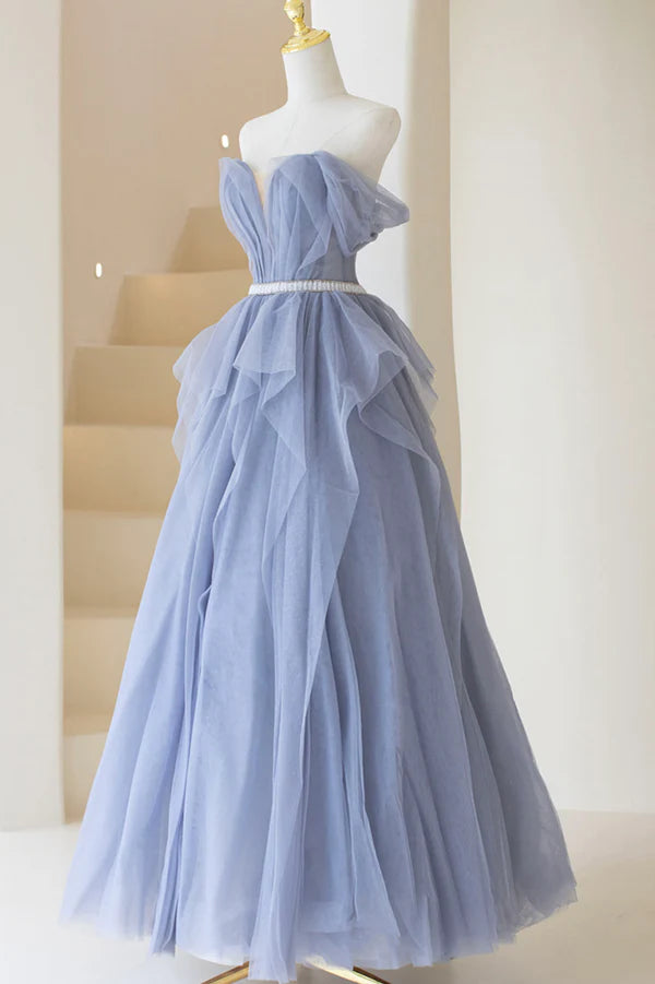 Wholesale Blue Tulle Long A-Line Prom Dress Cute Strapless Graduation Dress