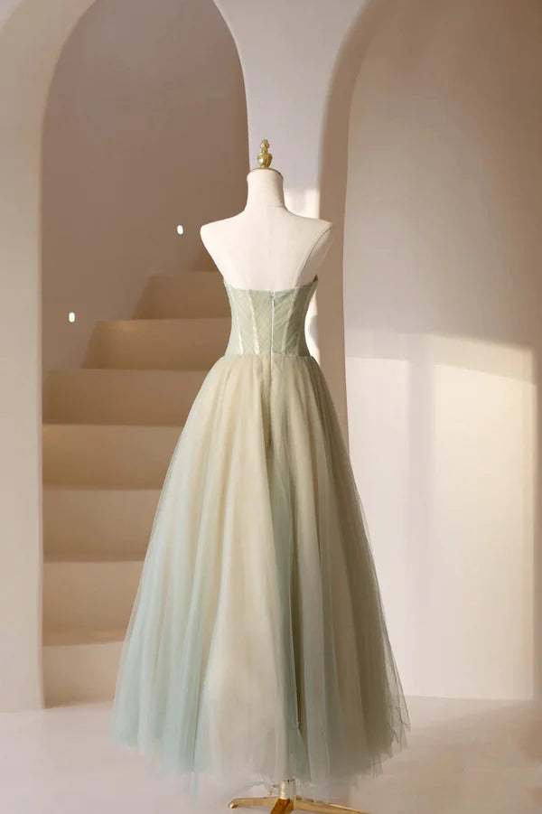 Wholesale Cute Tulle Tea Length Prom Dress Green A-Line Strapless Evening Party Dress