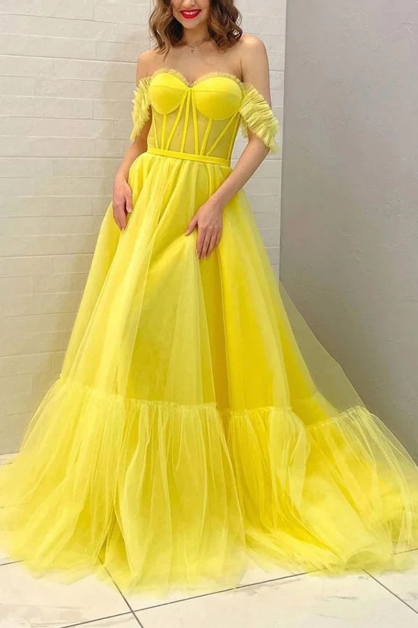 Wholesale Yellow Tulle Long A-Line Prom Dress Off the Shoulder Evening Party Dress