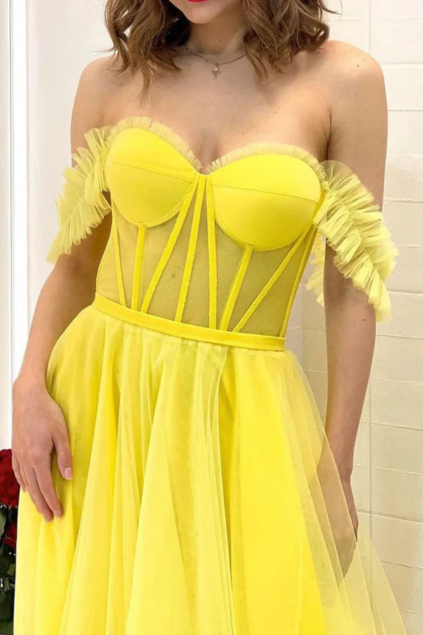Wholesale Yellow Tulle Long A-Line Prom Dress Off the Shoulder Evening Party Dress
