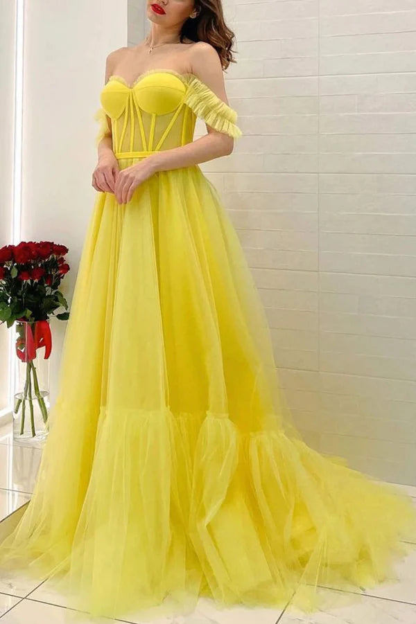 Wholesale Yellow Tulle Long A-Line Prom Dress Off the Shoulder Evening Party Dress