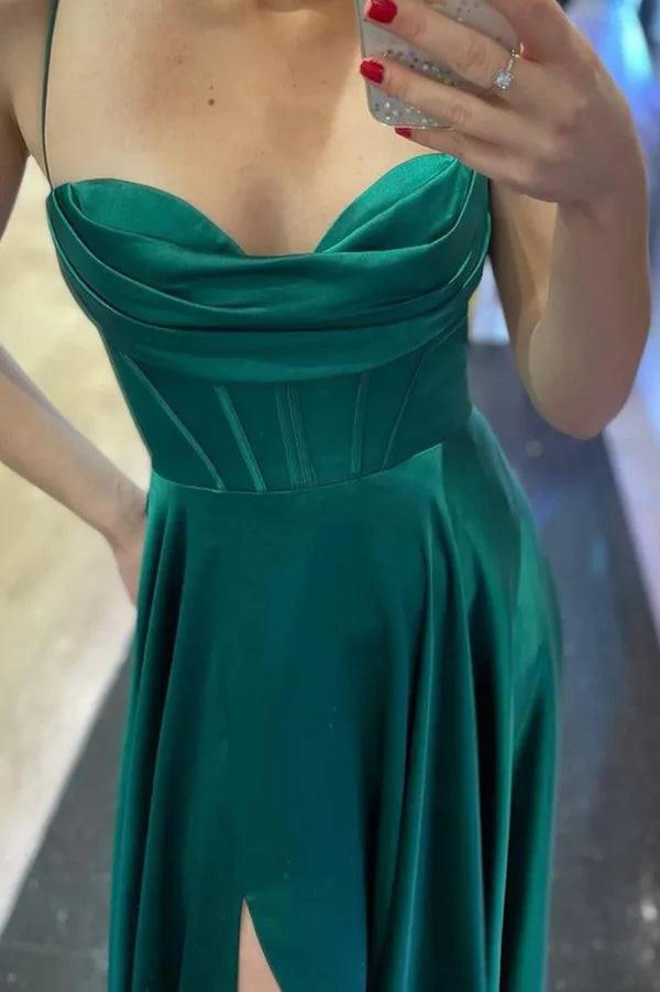 Wholesale Green Satin Long A-Line Prom Dress Simple Evening Dress with Slit