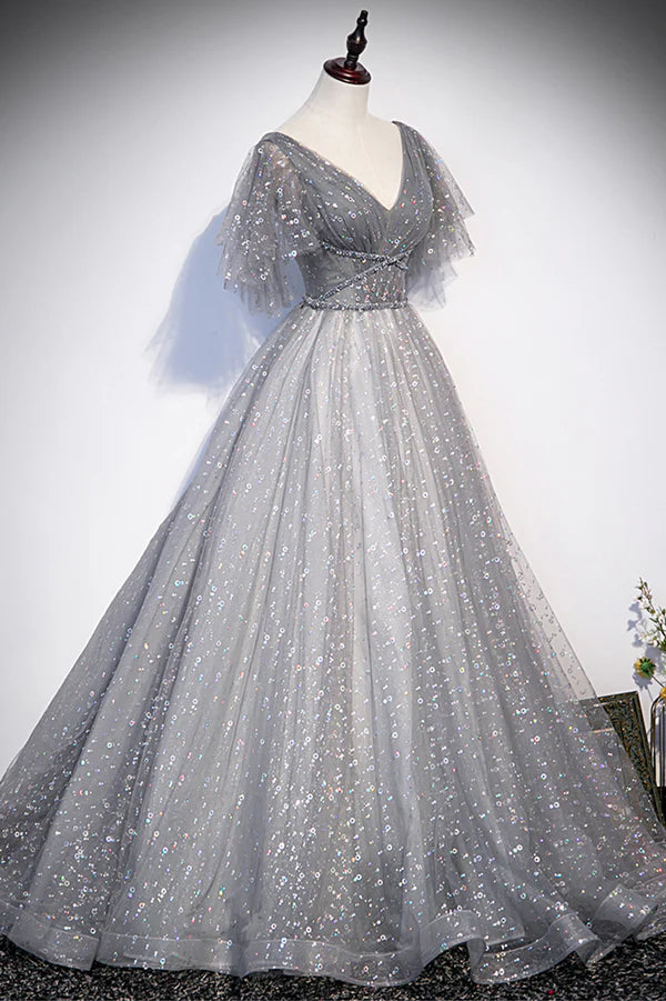 Wholesale Gray V-Neck Tulle Sequins Long Prom Dress A-Line Short Sleeve Evening Dress