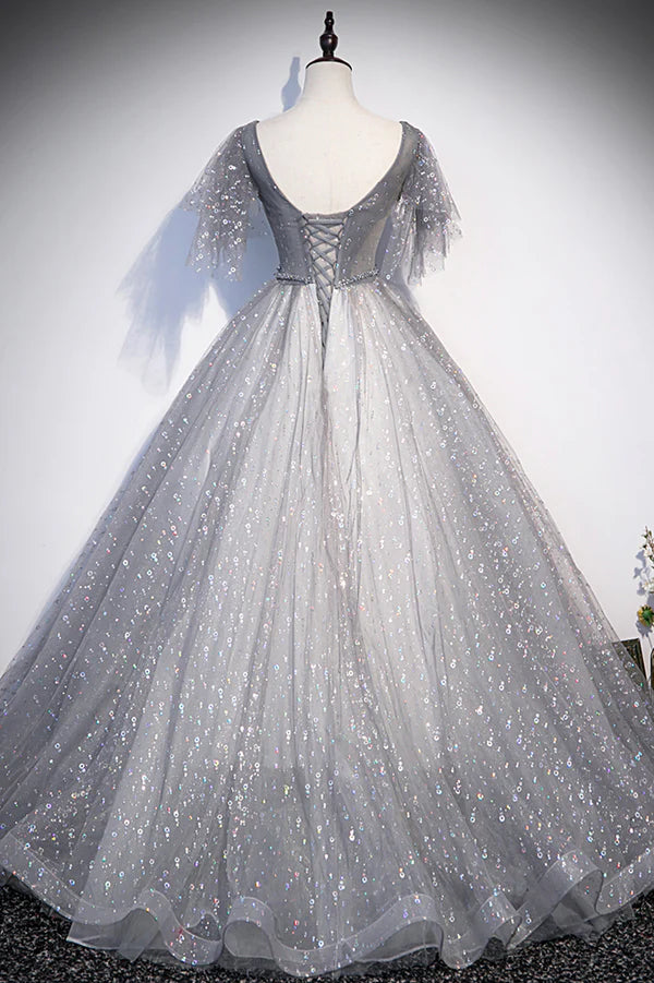 Wholesale Gray V-Neck Tulle Sequins Long Prom Dress A-Line Short Sleeve Evening Dress